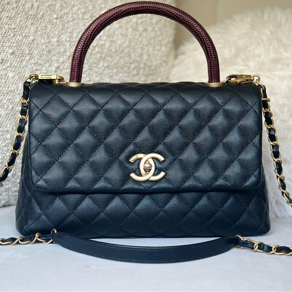 SOLD RARE Chanel Coco Top Handle Black Real Lizard Handle GHW Medium Bag